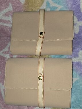 Women's Beige LV Foldover Clutch Wallet with Closure Strap